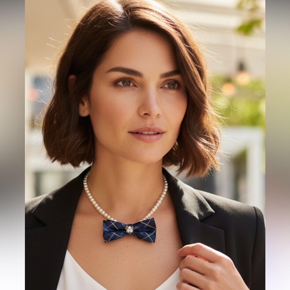 “Dainty Dapper” Blue Plaid Bow tie Necklace